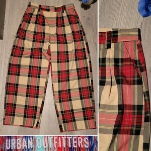 Urban Outfitters Grandpa Pleated Wide Leg Baggy Red, Beige Plaid Trouser Pant, 4